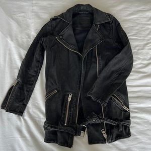 All Saints Biker Jacket, Size 0, UK 4, Washed Denim Black